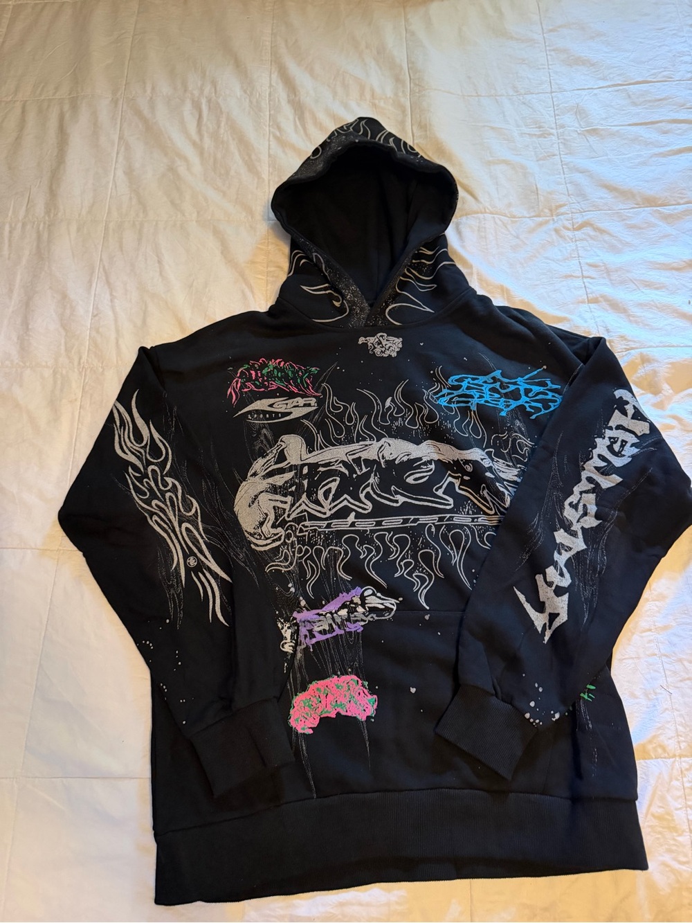 Men's Black Crewneck Sweater with Multicolor Graphic Accents